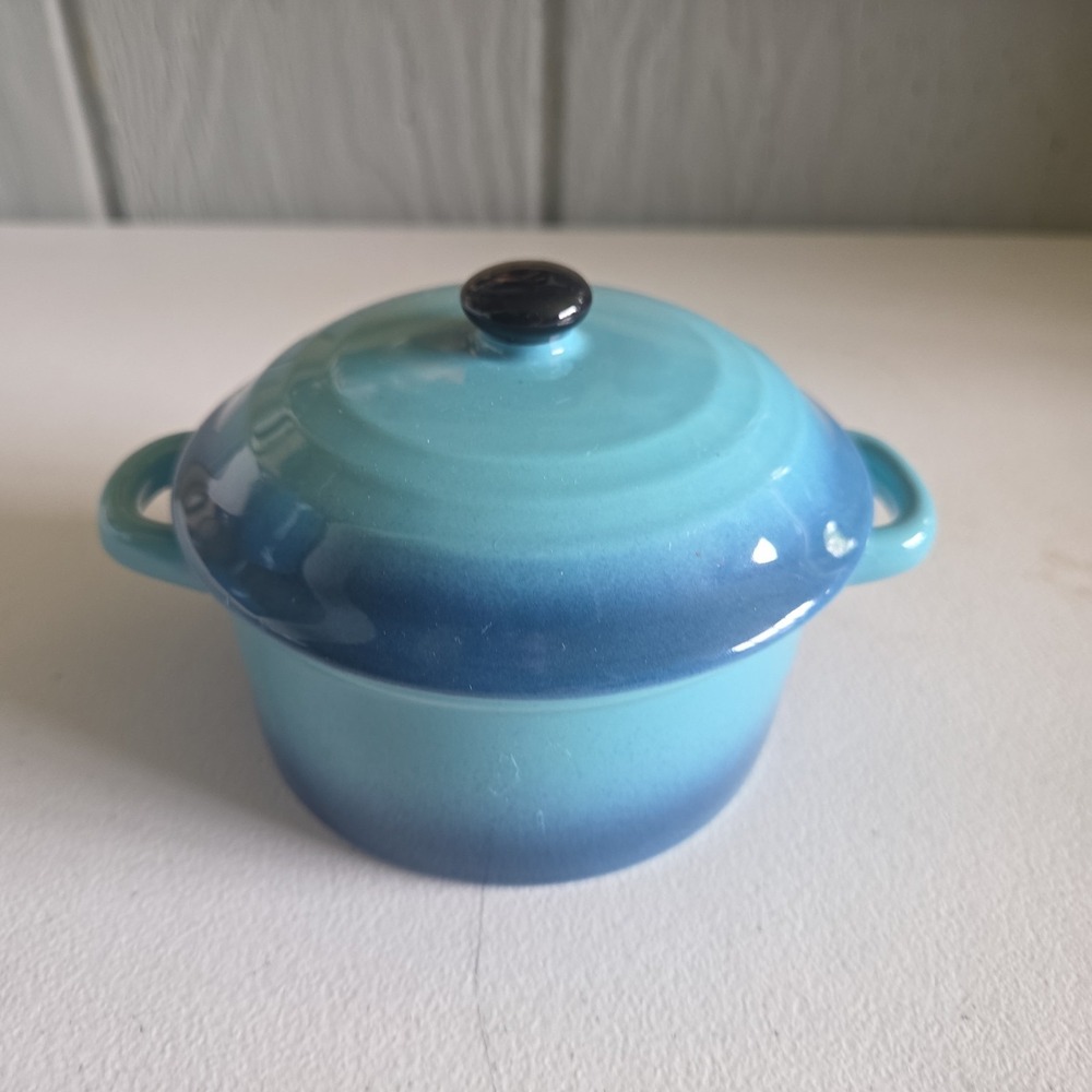 Casserole Dish Sugar Bowl Mini Lid Handles Teal Black Oval Blue Unbranded
